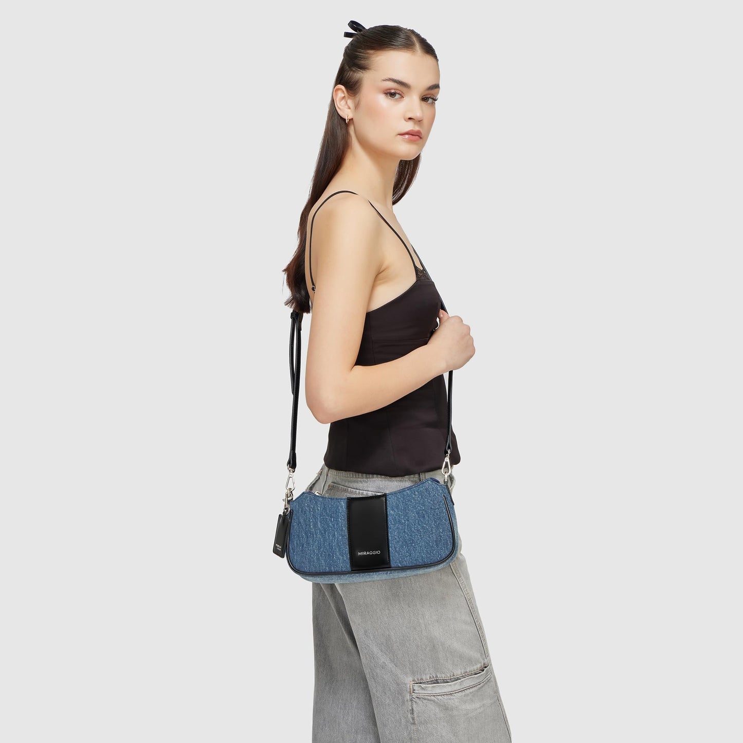 Miraggio Bella Denim Shoulder Bag with Adjustable & Detachable Sling/Crossbody Strap for Women (Denim & Black)