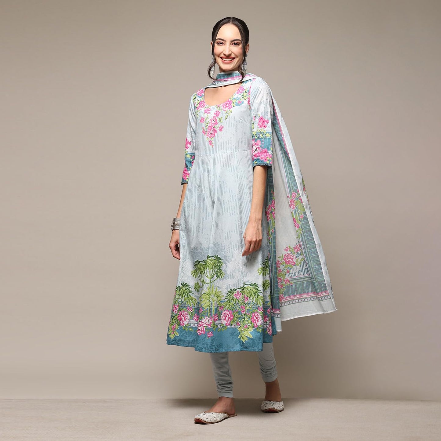 BIBA Women's Powder Blue Cotton Anarkali Kurta Churidar Suit Set_36