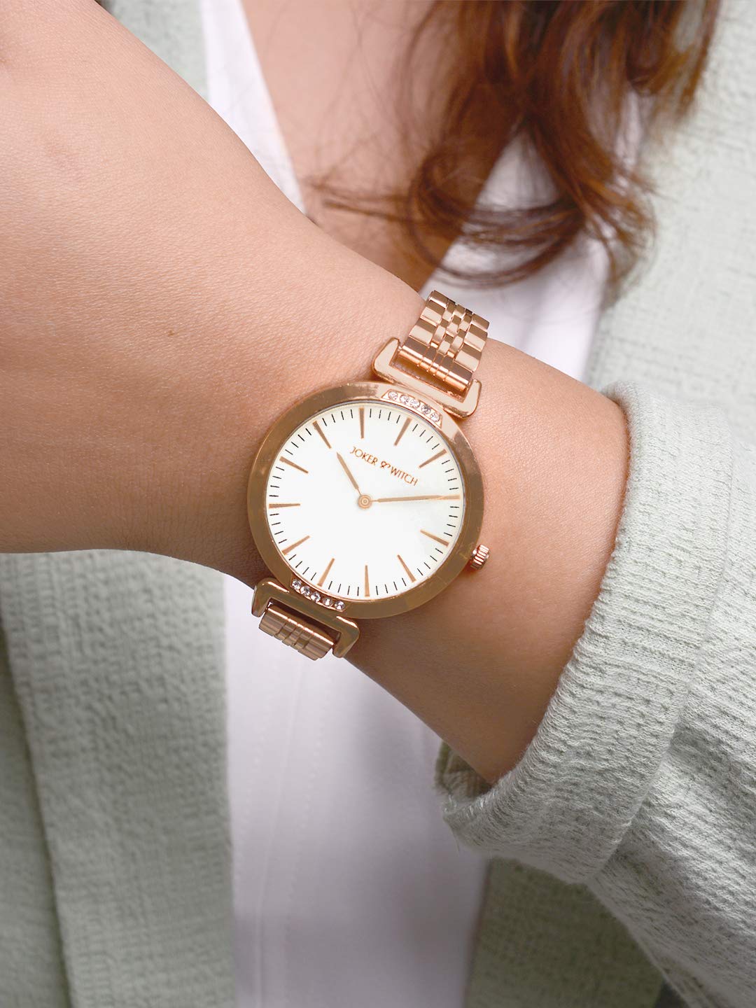 Joker and Witch Petite 36mm White Dial 12mm Rose Gold Stainless Steel Strap Watch for Women