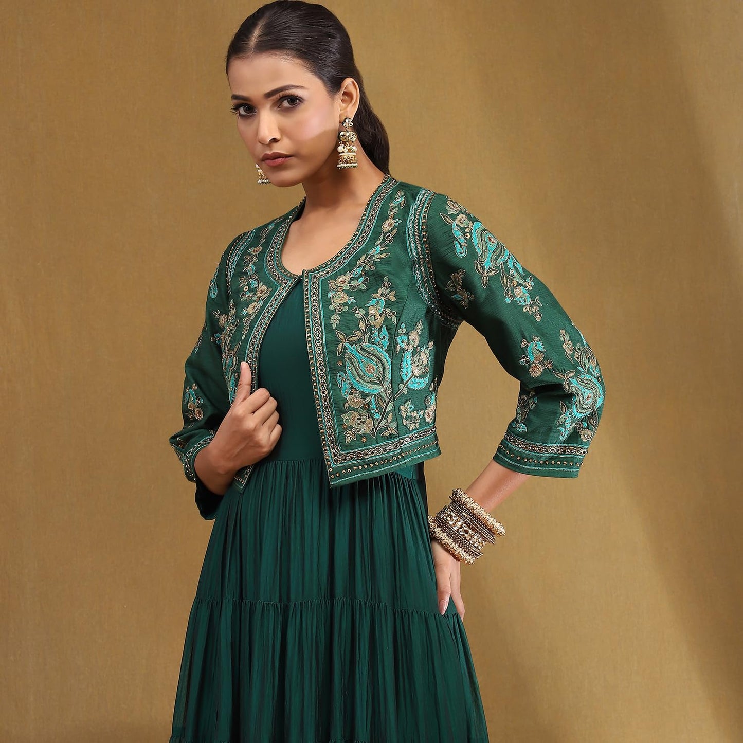 BIBA Emerald Green Silk Festive Tiered Anarkali Dress