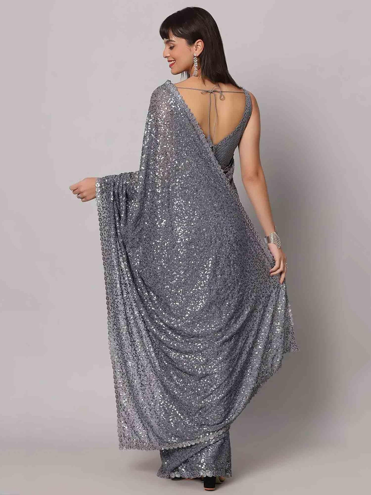 Zeel Clothing Women's Grey Sequins Work Heavy Georgette Saree with Blouse (1007-Slate-Grey-Sequins-Party-Saree-New, Slate Grey)
