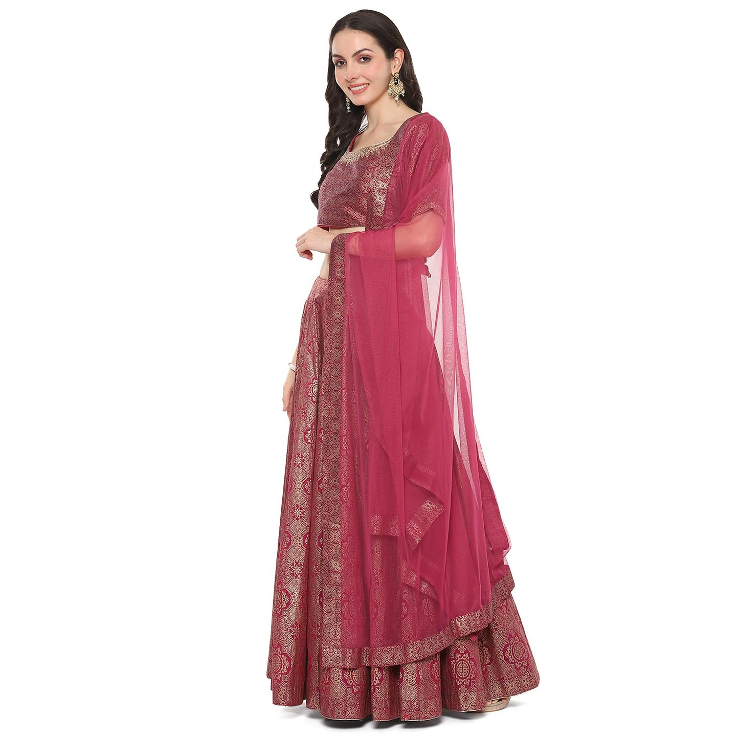 BIBA Womens Cotton Blend Printed Readymade Lehenga Choli Set (Skdassorted8935_Meganta_42)