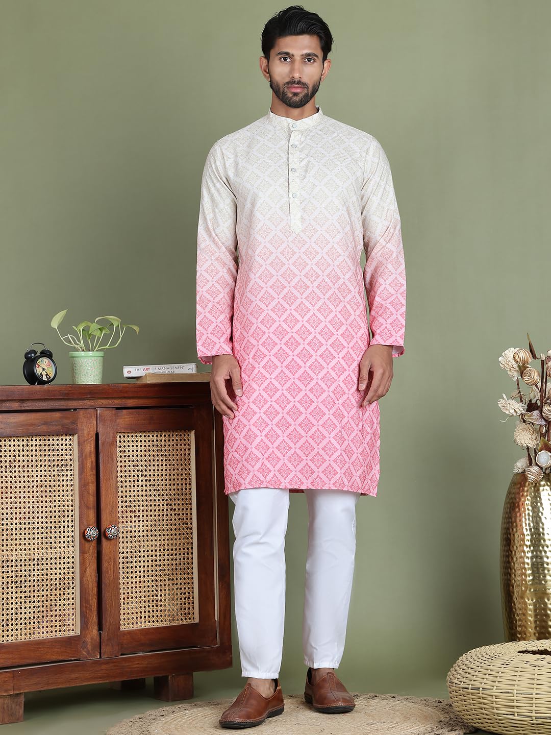 Jompers Ombre Printed Kurta Pyjama Set For Men - Peach, M
