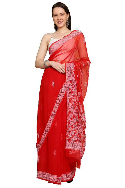 Ada Handcrafted Lucknowi Red Georgette Chikan Saree with Blouse Piece for Women A130218
