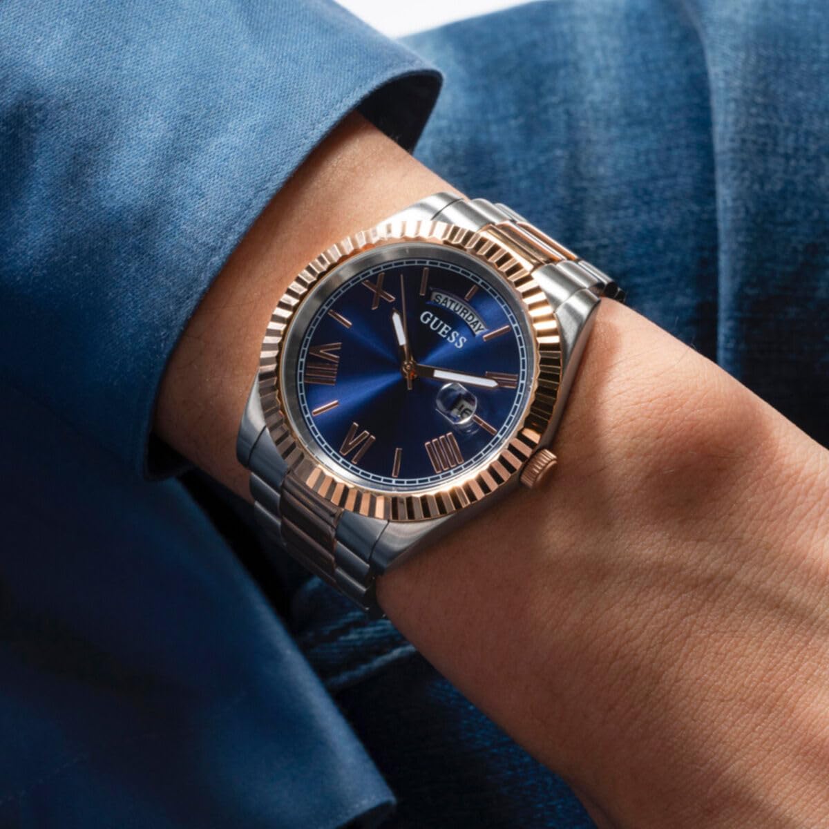 GUESS Men's Stainless Steel Analog Blue Dial Two-Tone Band Watch-Gw0265G12