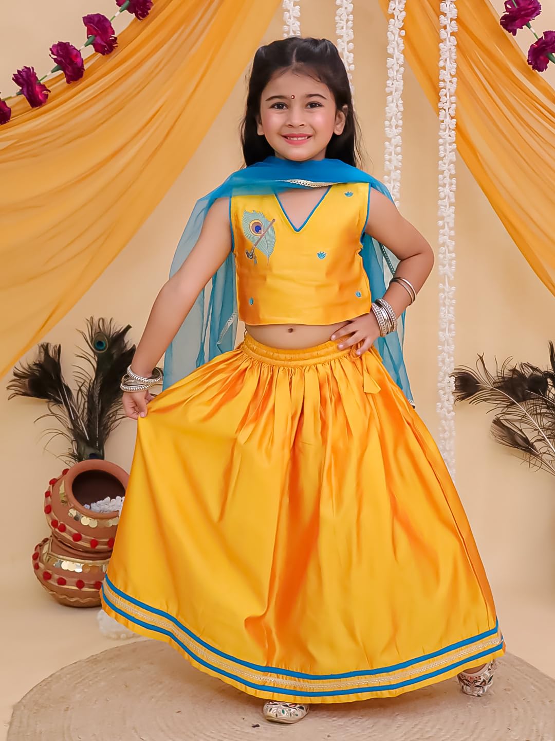 The Mom Store Girls Lehenga Set With Dupatta Ethnic Wear | Stylish Kids/baby for Festivals & Special Occasions | Rang Radha, Yellow | 5-6Y