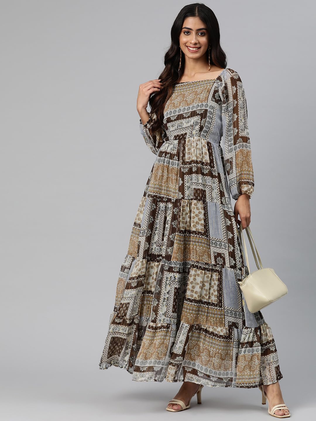 Cottinfab Women Brown Ethnic Motifs Print 3/4 Puff Sleeve Georgette Maxi Dress