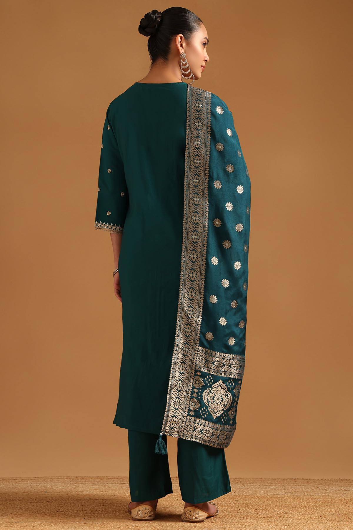 Soch Womens Green Russian Silk Floral Salwar Suit With Sequins