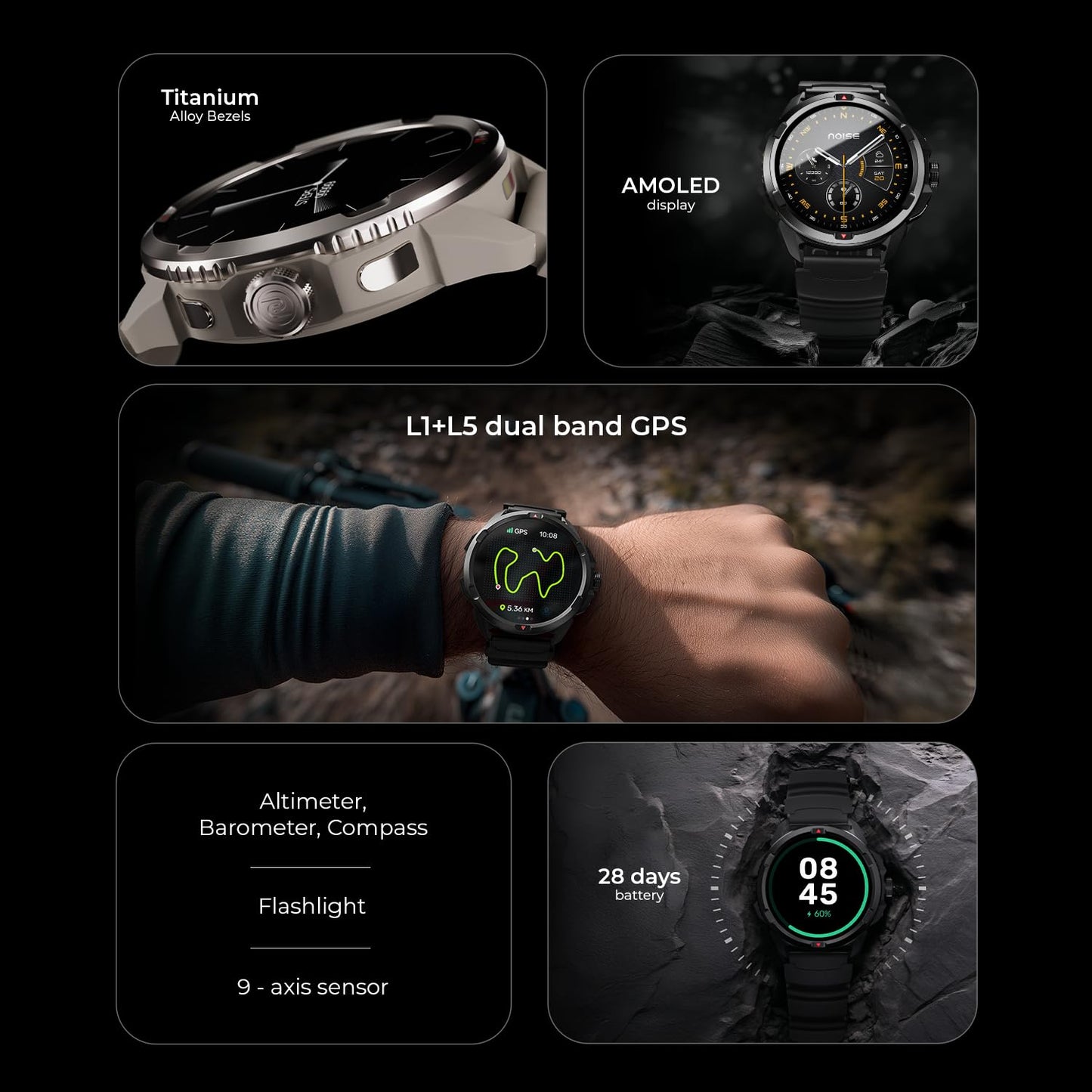 Noise Endeavour Pro Outdoor Rugged Military Smart Watch, Titanium Alloy Bezel, Dual-Band GPS, 164ft Water Resistance, 28 Days Battery on Standby, AI Companion, for iOS & Android (Carbon Black)
