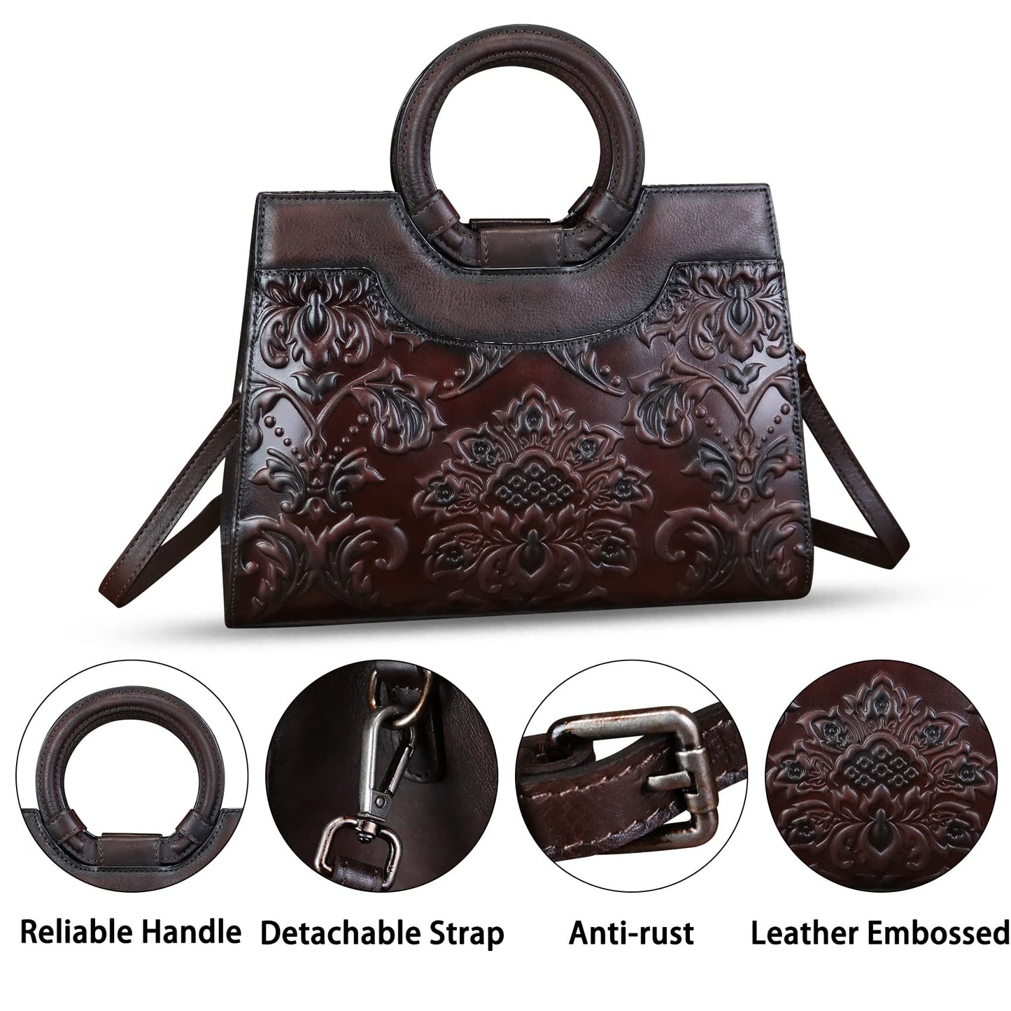 Genuine Leather Satchel for Women Purse Embossed Leather Top Handle Handbag Handmade Purse Crossbody Handbags Tote Bag, Coffee