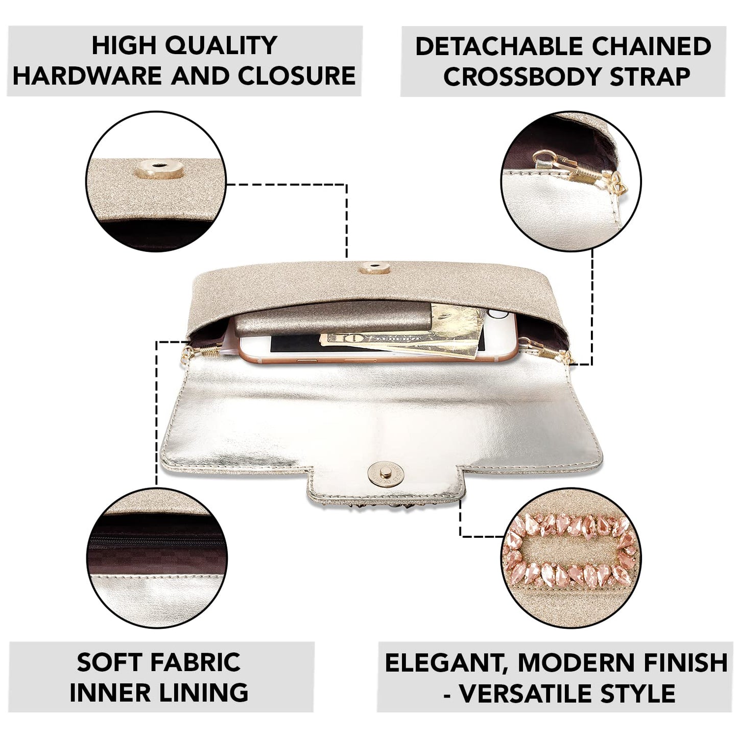 Peora Rose Gold Clutch Purses for Women Wedding Handmade Evening Handbags Party Bridal Clutch (C89C)