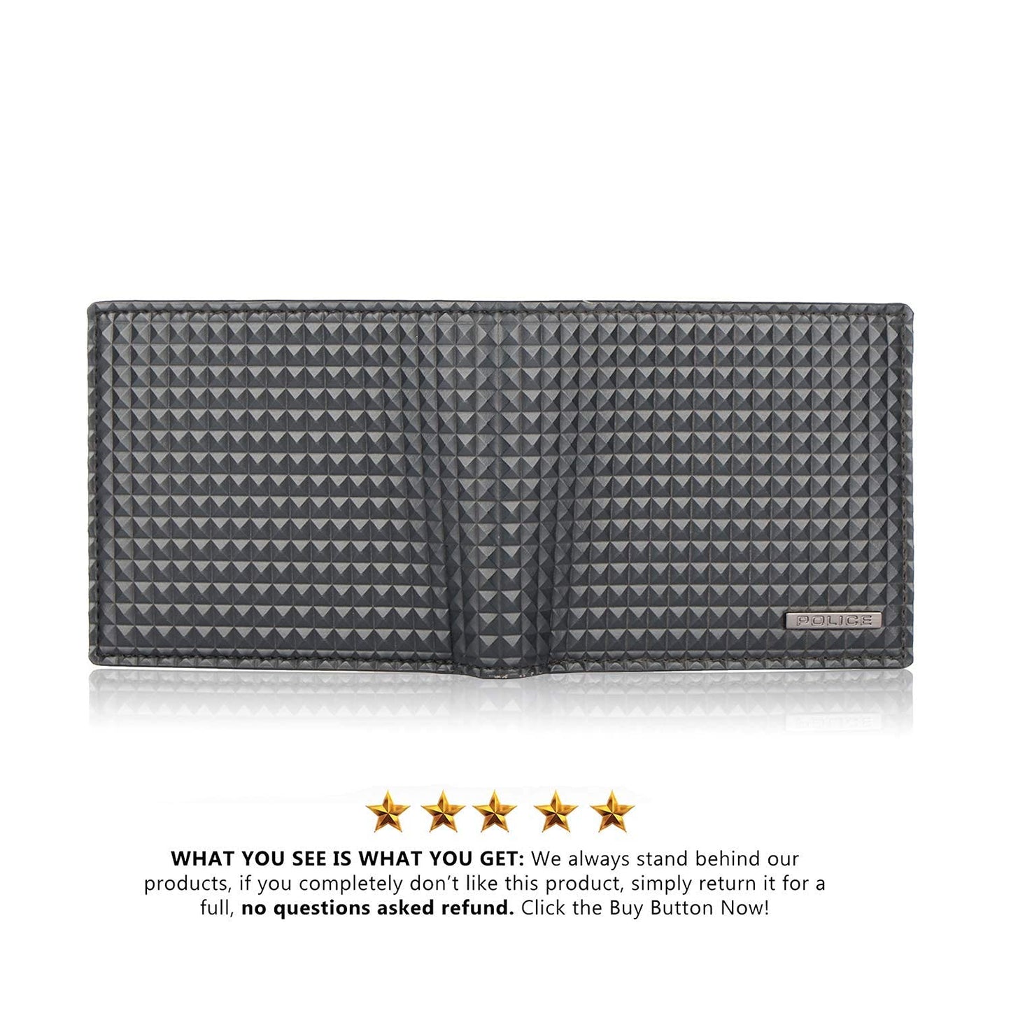 Police Pyramid Men's Slim Wallet, Leather Purse with 8 Card Slot, 2 Currency Compartment, 2 Slip-in Pockets - Black
