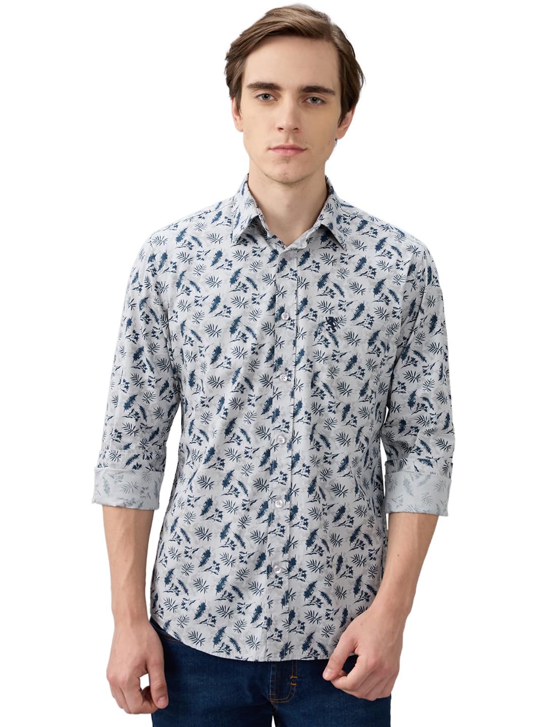 Giordano Men's Grey Slim Fit Cotton Printed Long Sleeves Casual Shirt with Chest Pocket