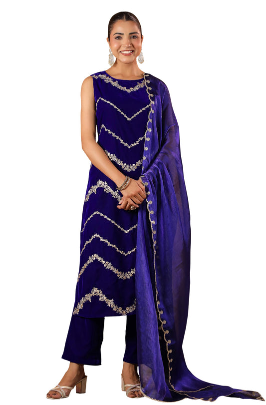 Janasya Women's Royal Blue Velvet Zari Embroidered Straight Kurta Set (JAB24ST00748-XS)