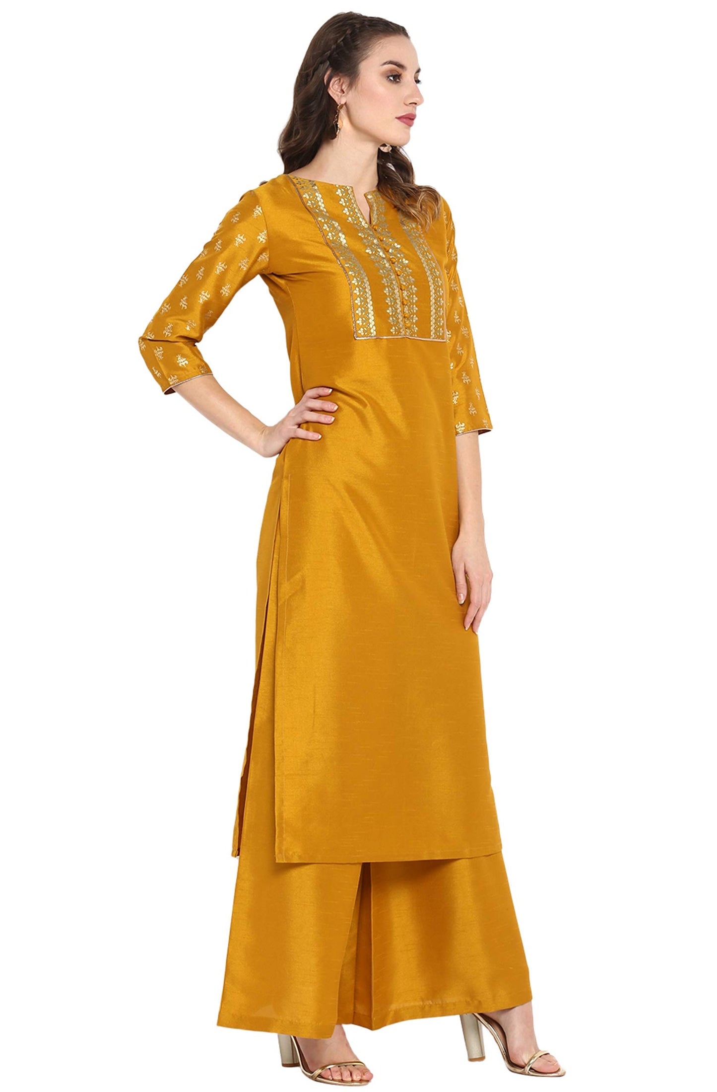 Janasya Women's Mustard Silk Blend Foil Printed Kurta with Palazzo(J0003-SET-XL)
