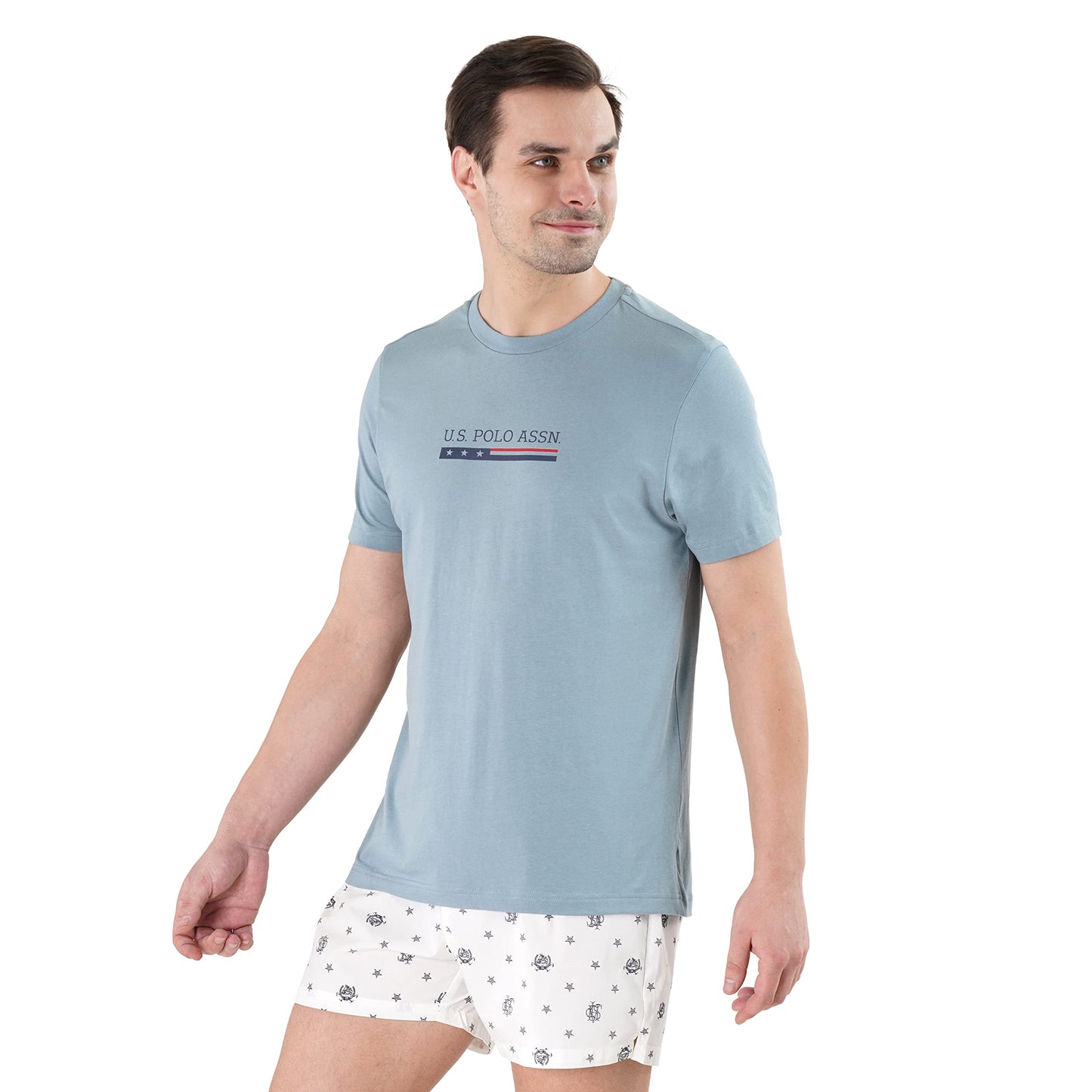 U.S. POLO ASSN. Men Cotton Crew Neck Brand Print Le001 Lounge Regular Fit T-Shirt-Pack of 1 (Lead Large), Light Blue