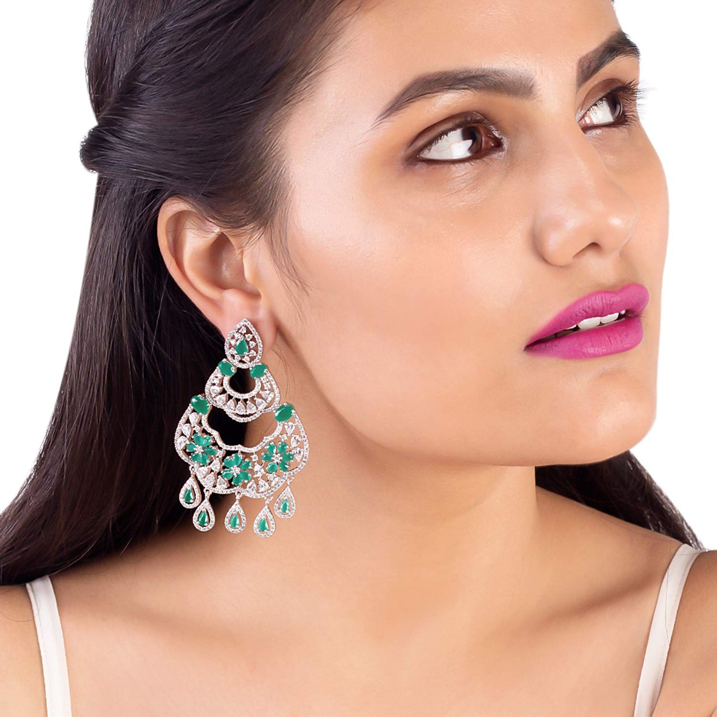 Voylla Green and White American Diamond CZ Gems Earrings