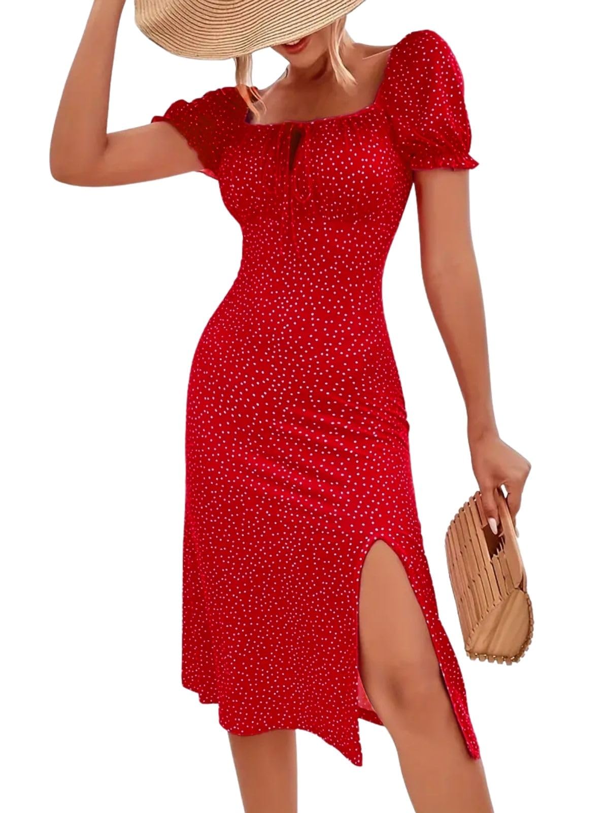 GRECIILOOKS Dress | Stylish Dresses for Women | One Piece | Short Sleeve | Knee Lenght Summer Dress for Women (in, Alpha, S, Cherry RED)