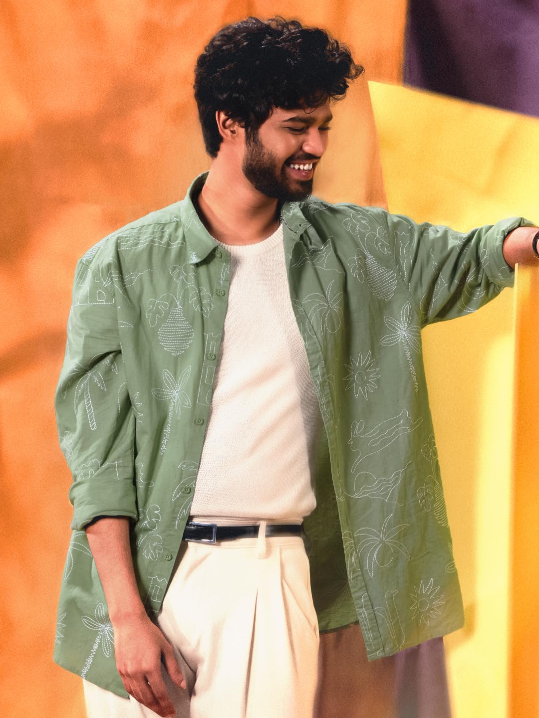 The Souled Store Summer Vibe Men and Boys Long Sleeves Collared Neck Button Front Green Embroidered Regular Fit Cotton Linen Shirts