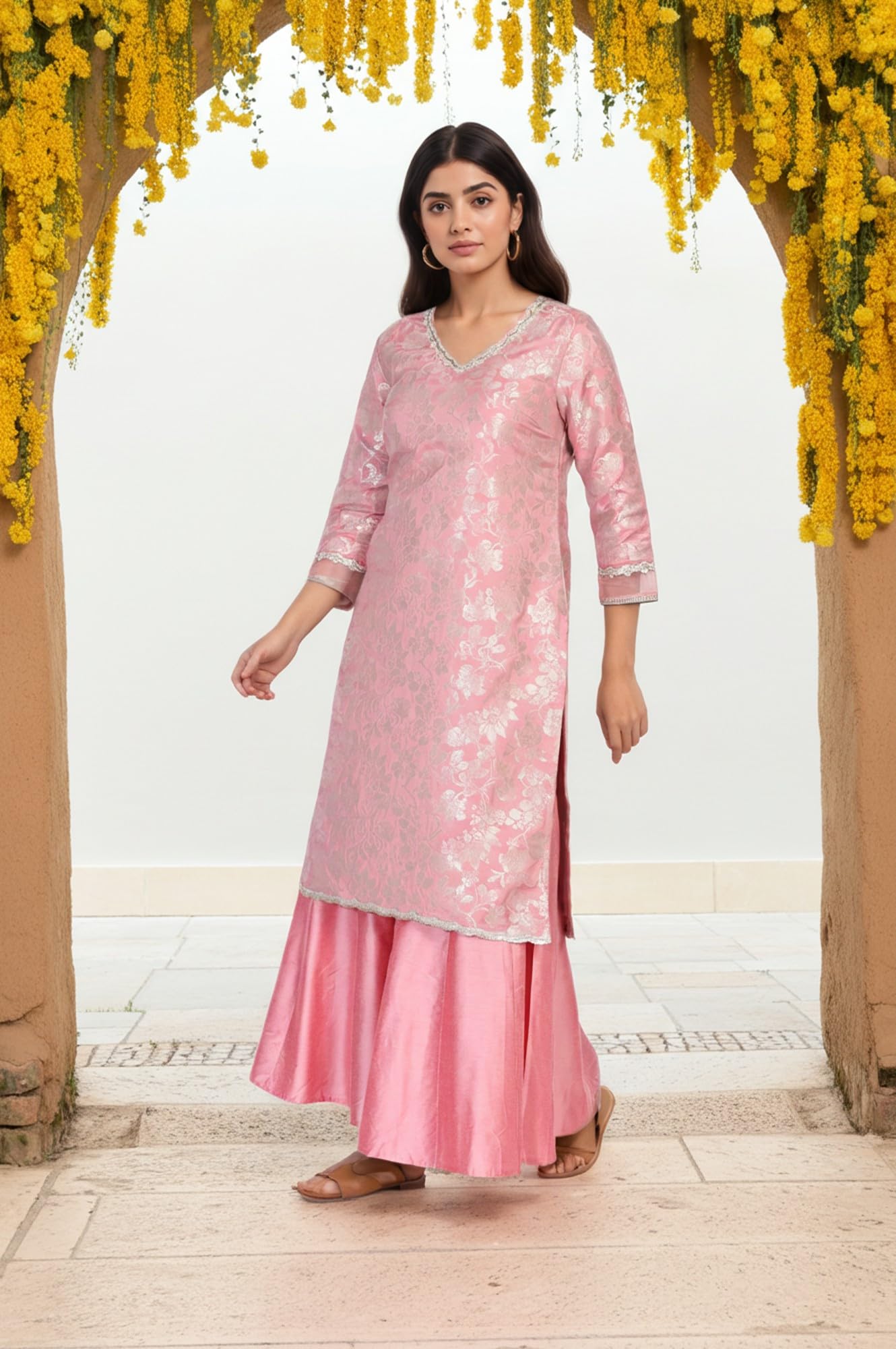 W for Woman Pink Self Design Jacquard Zari Work Straight Kurta with Sharara and Dupatta Set (WS13228-314309-2XL)