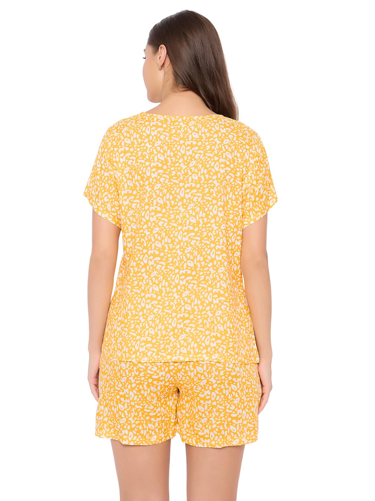 Clovia Women's Rayon Printed Top & Shorts Set (LS0533P02_Yellow_L)