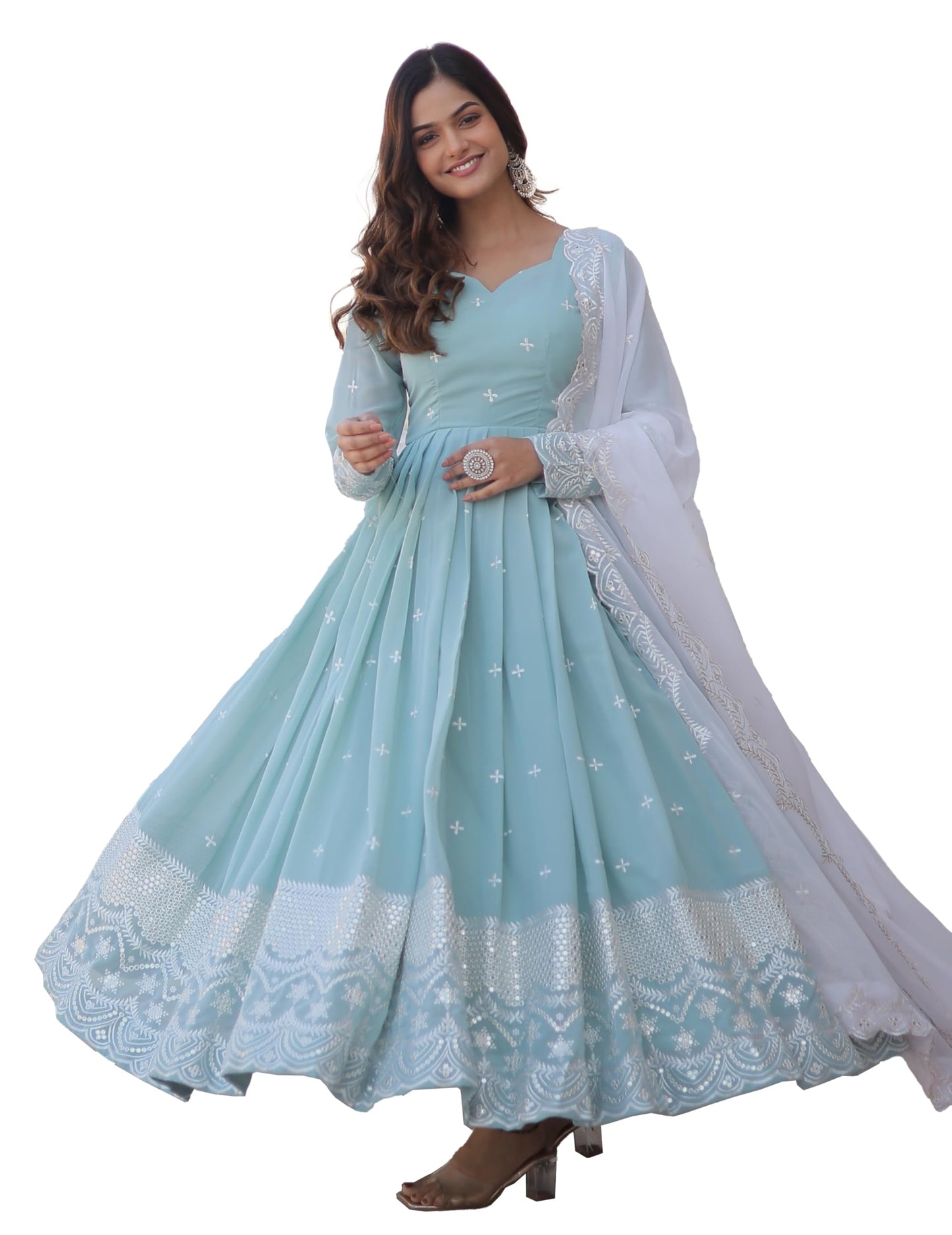 Fashion Basket Blue Women's Faux Georgette Anarkali Gown with Dupatta (XX-Large)