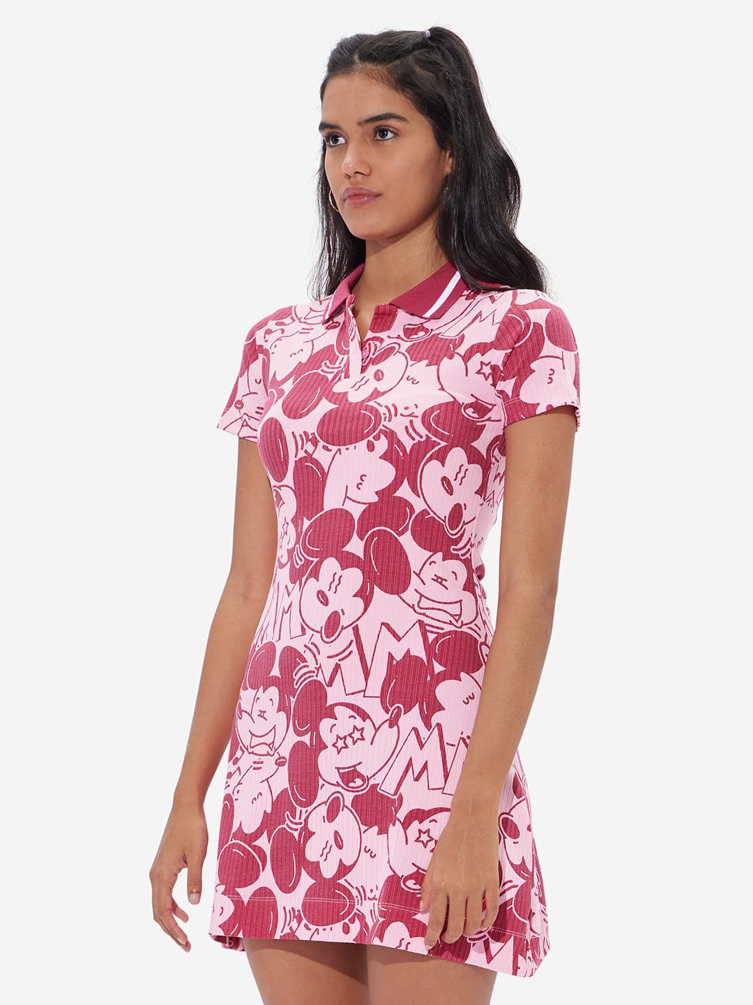 The Souled Store Official Mickey Mouse: Expressions Women and Girls Short Sleeves Collared Neck Ribbed Dresses Pink