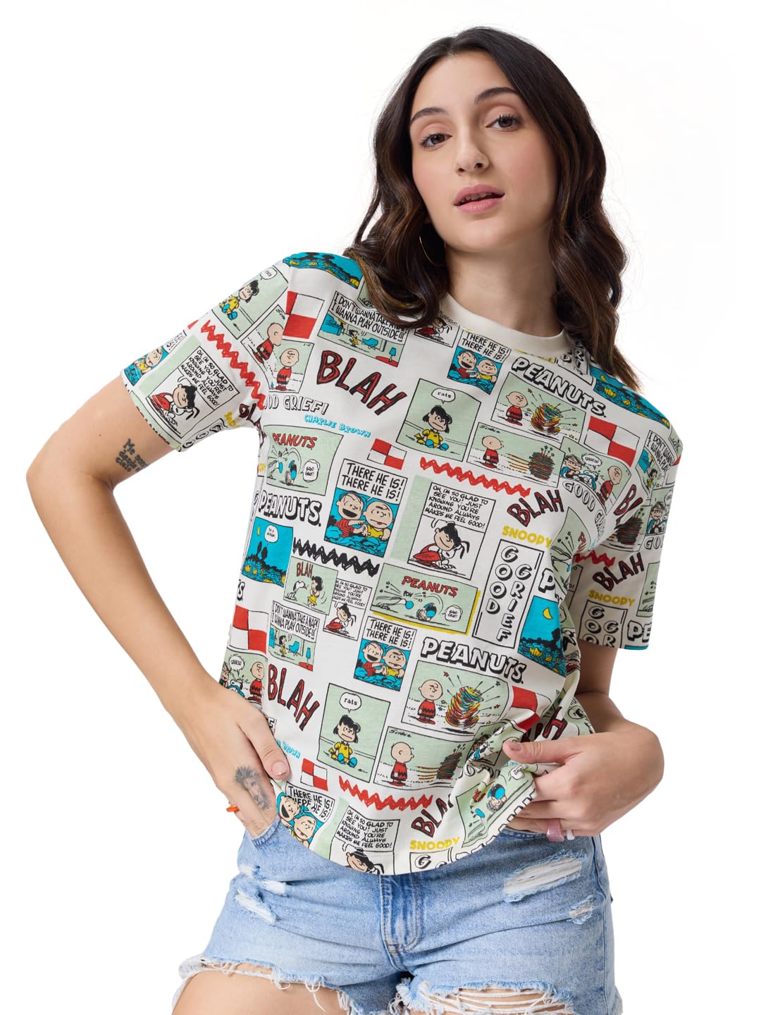 The Souled Store Official Peanuts: Old School Women and Girls Relaxed fit Graphic Half Sleeve Cotton White Color Women Relaxed Fit T-Shirts