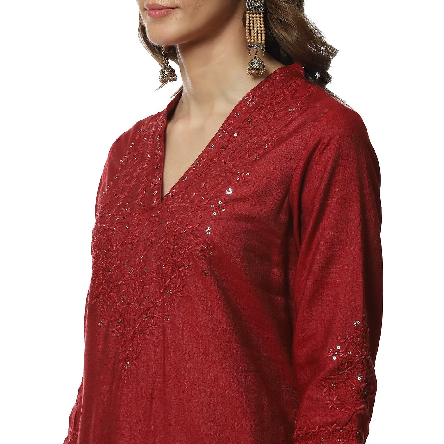 BIBA WOMEN EMBROIDERY RELAXED SALWAR KURTA DUPATTA(SKDCHIKANKA8155_CHERRY RED_36)