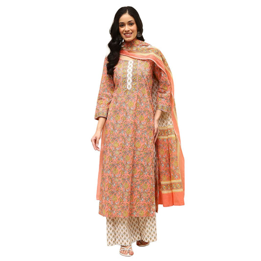 BIBA Women Peach Cotton Screen Print Unstitched Suit Set_FREE SIZE