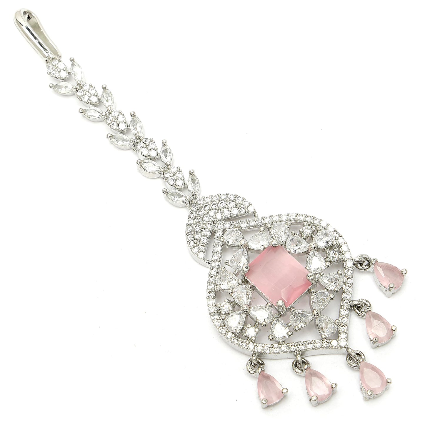 Zeneme Sparkling American Diamond Maang Tikka for Women | Elegant Floral Design Silver Plated Maang Tikka for Wedding - Traditional Head Jewellery for Women (Pink Moonbeam Charm Mangtika)