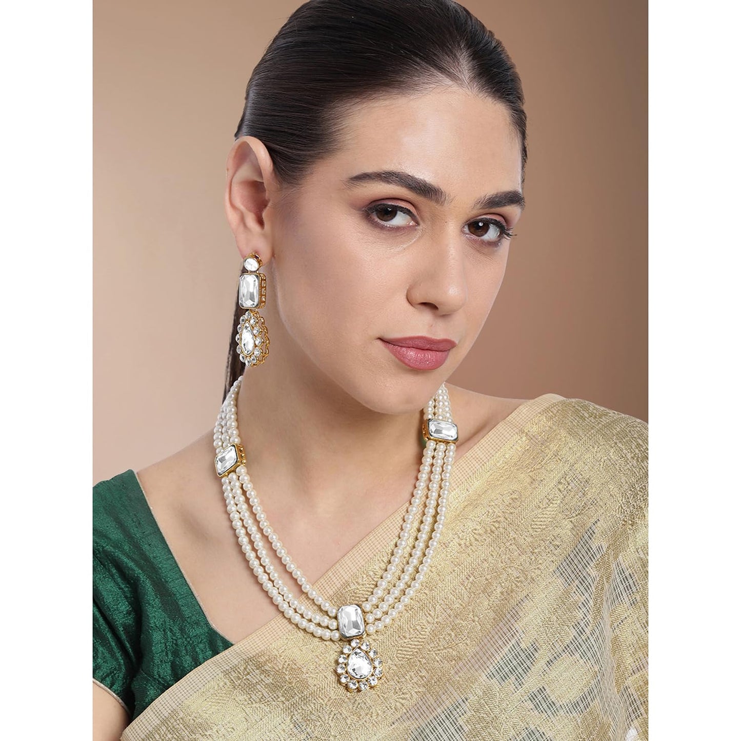 Peora Gold Plated Crystal & Beads Studded White Necklace & Drop Earrings Set Ethnic Jewellery for Women & Girls
