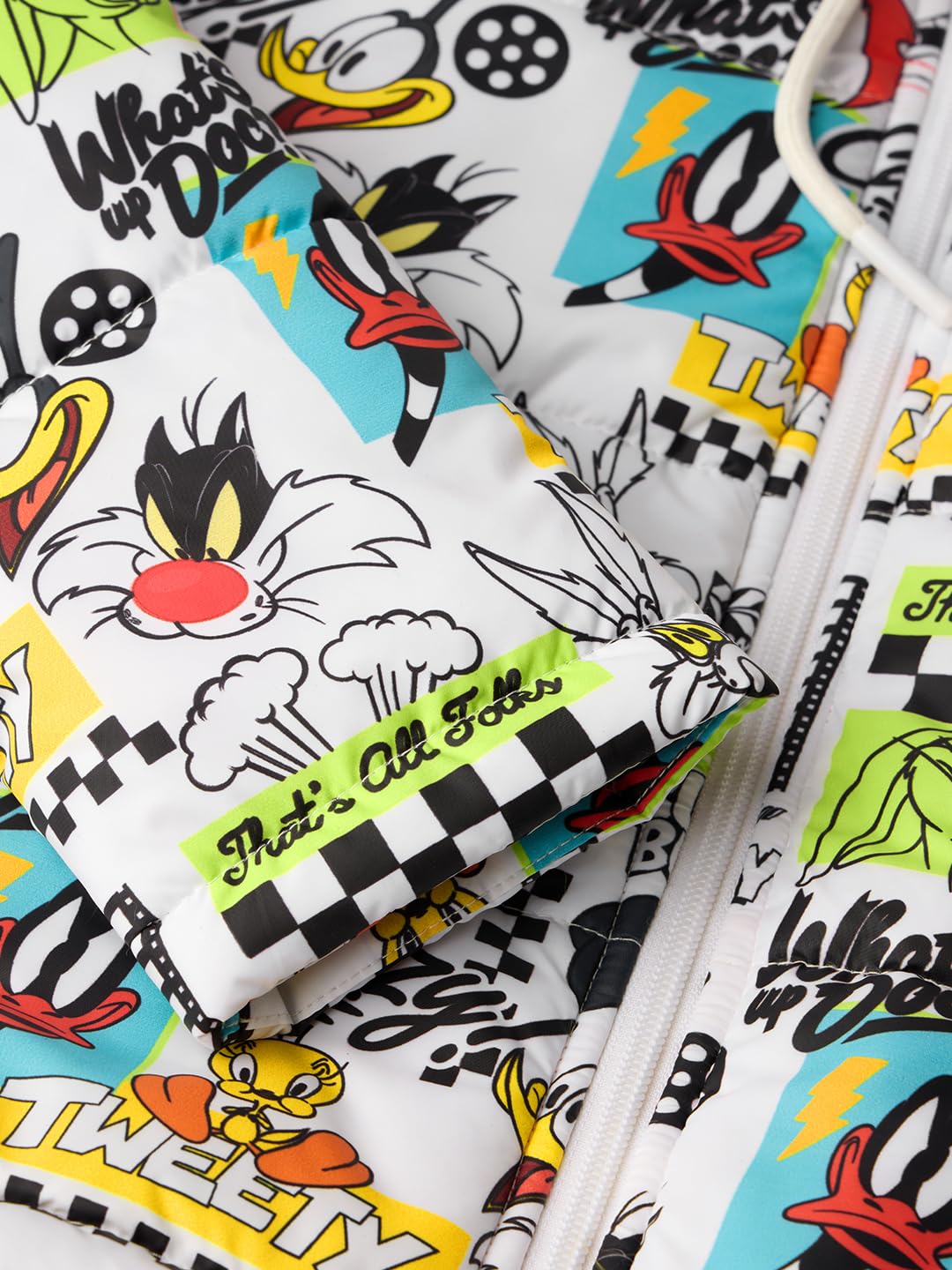 The Souled Store Looney Tunes: Old School Young Girls Long Sleeve Hooded Neck Polyester Puffer Jackets White