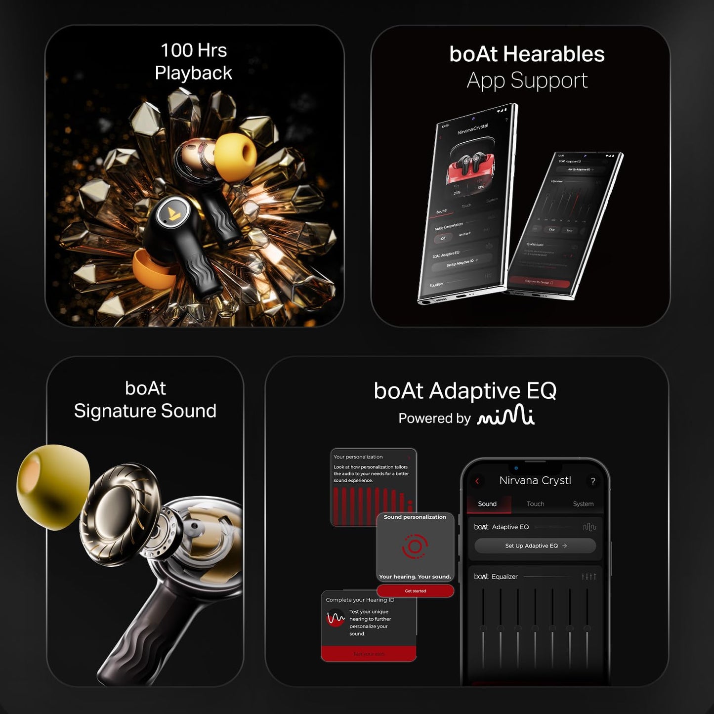 boAt New Launch Nirvana Crystl, Transparent Case,Spatial Audio, ANC(~32dB), 100Hrs Battery,4Mics ENx, Dual Pair,App Support, Bluetooth Earbuds, TWS Ear Buds Wireless Earphones with mic (Quantum Black)