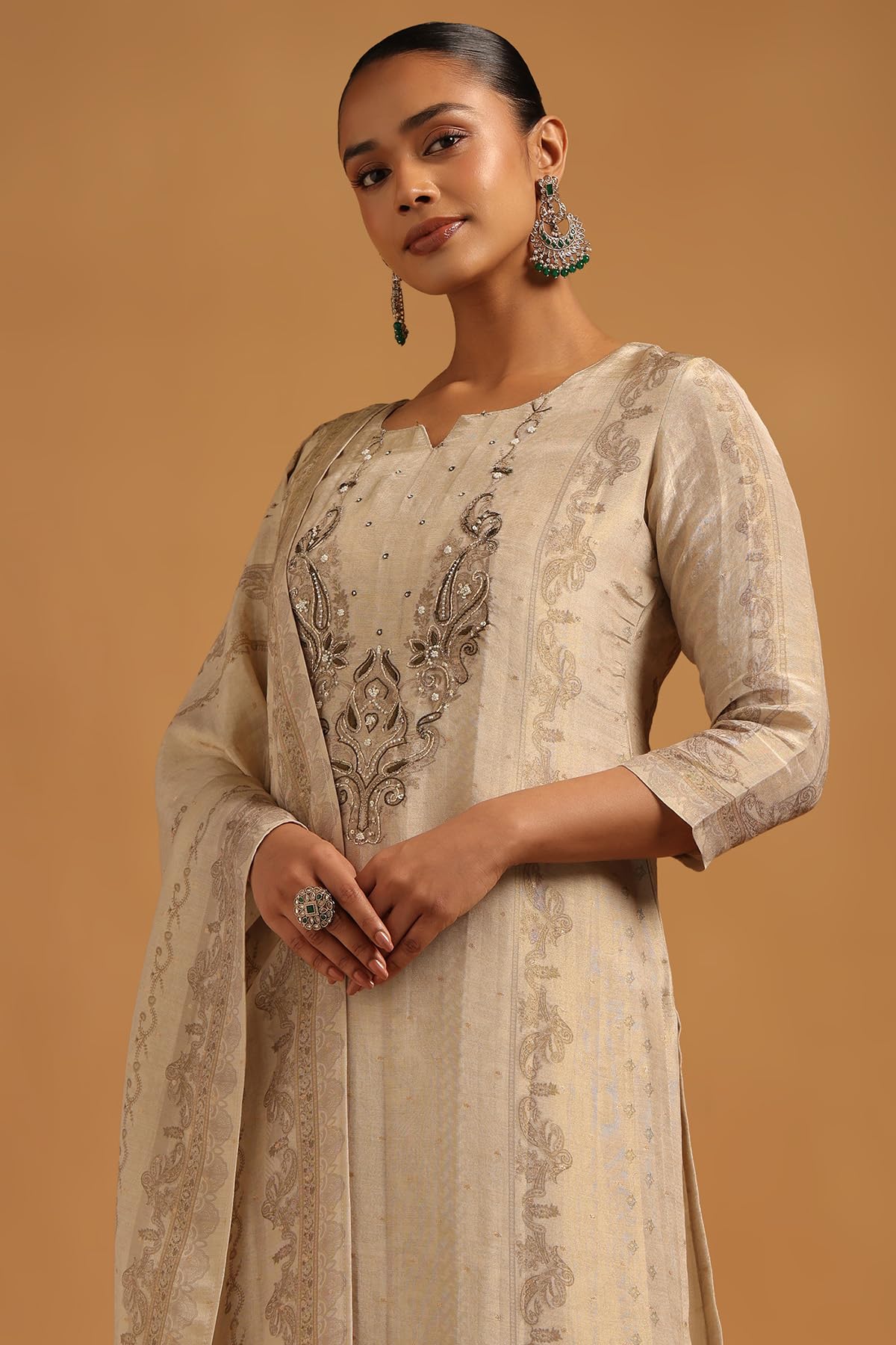 Soch Womens Beige Russian Silk Botanical Salwar Suit With Beads