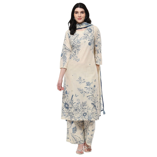 Biba Women's Cotton Kurta Set (SKDCHZ10912SS25OWHTBLU_Off-White-Blue