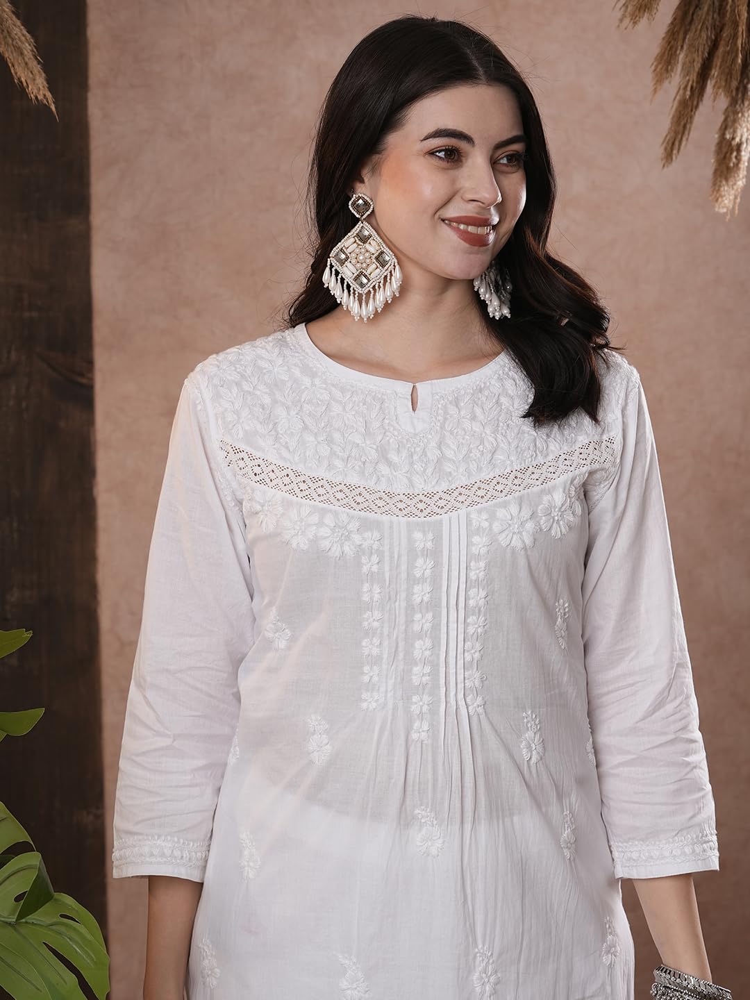 Ada Lucknow Chikankari Cotton Regular Fit Kurta for Women Hand Embroidered Tunic Kurti A332395 White (Large)