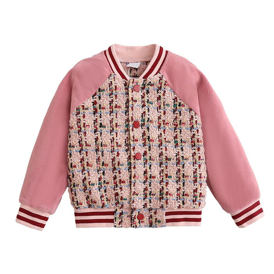 Hopscotch Girls Pink Full Sleeves Fabric Spliced Tweed Bomber Jacket For Age (6-7 Years)