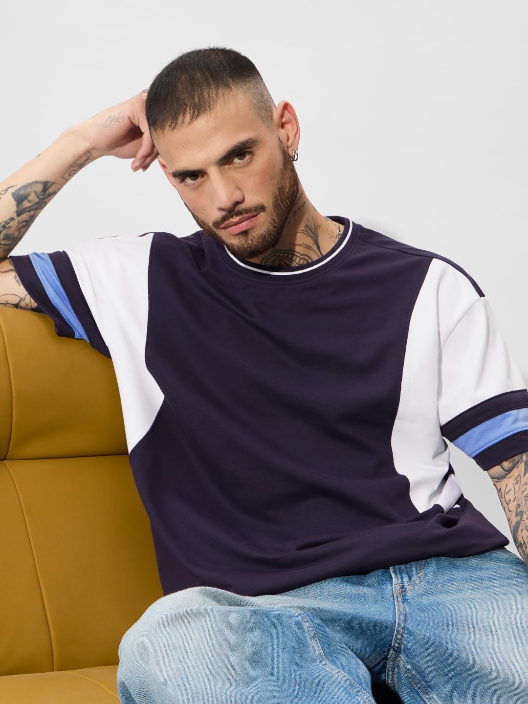 The Souled Store Solids: Deep Navy Oversized T-Shirt for Men Boys Cotton Casual Half Sleeves Baggy Loose Fit Drop Shoulder Round Neck