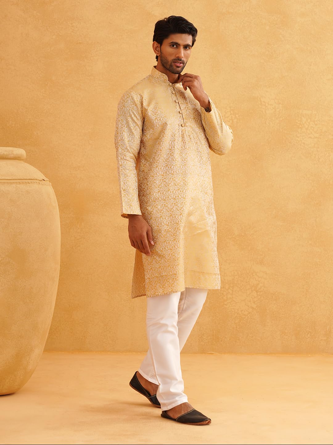 SOJANYA (Since 1958 Men's Silk Blend Gold Kurta & Off White Churidar Pyjama Set Size 44