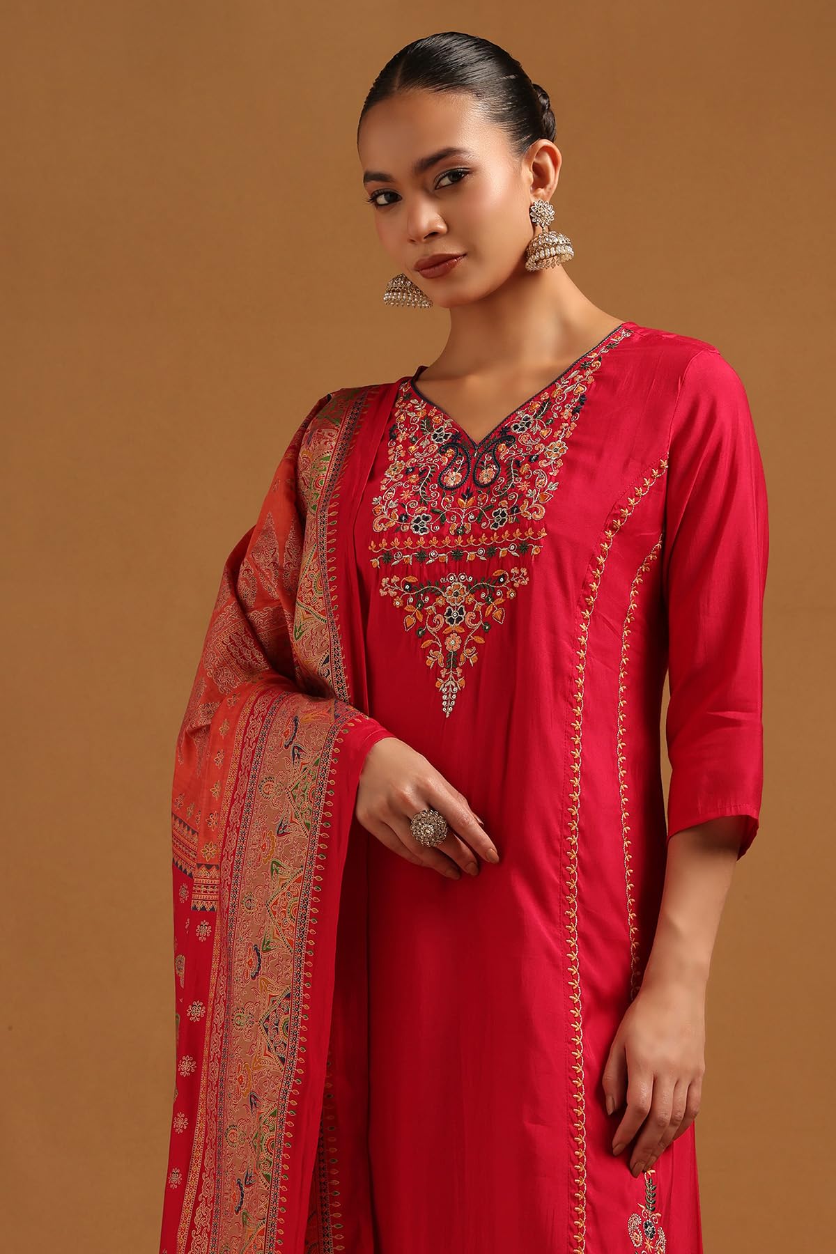 Soch Womens Fuchsia Muslin Embroidered Salwar Suit With Sequins