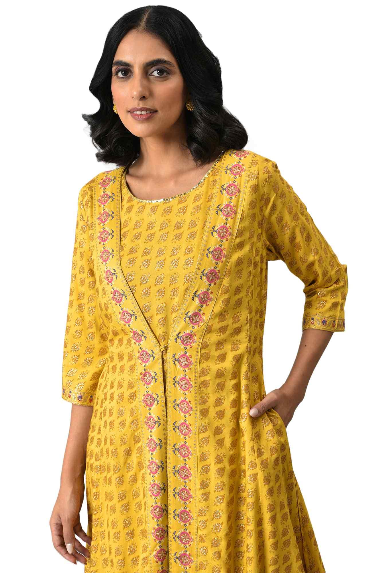 W for Woman Women's Yellow Glitter Printed Mock Layered Embellished Kimono Maxi Jumpsuit_22Auw18353-119801_3XL