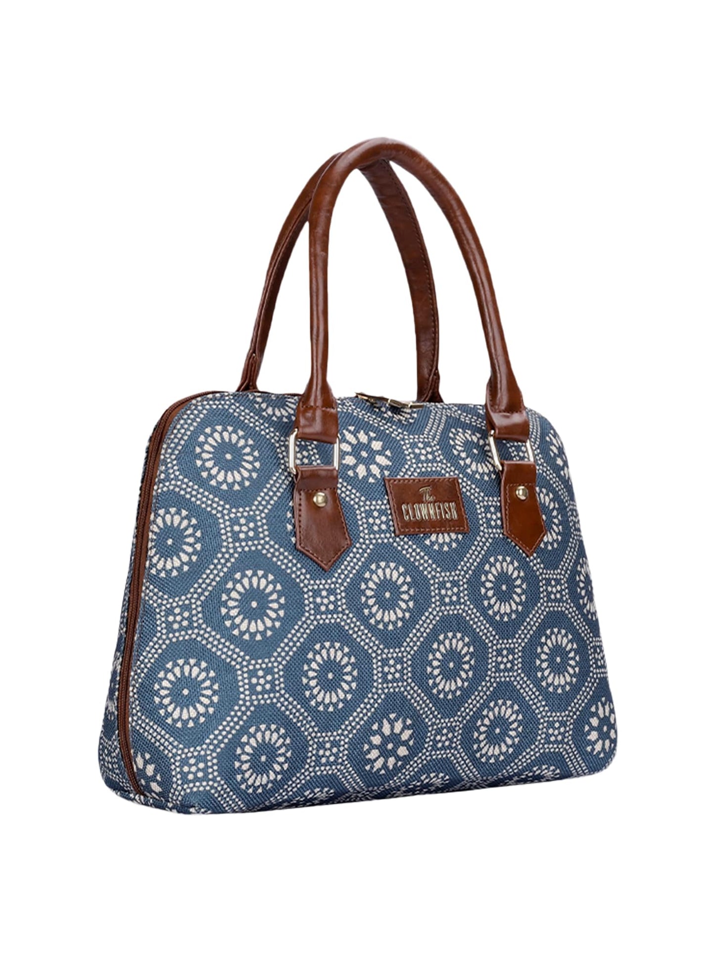 THE CLOWNFISH Montana Series Printed Handicraft Fabric & Faux leather Handbag for Women Office Bag Ladies Purse Shoulder Bag Tote For Women College Girls (Cerulean Blue)