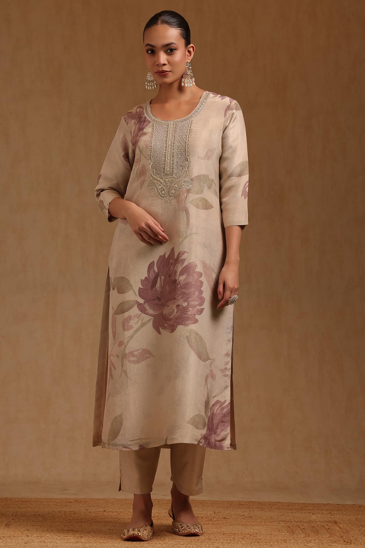 Soch Womens Beige Tissue Floral Zari Embroidered Salwar Suit With Sequins