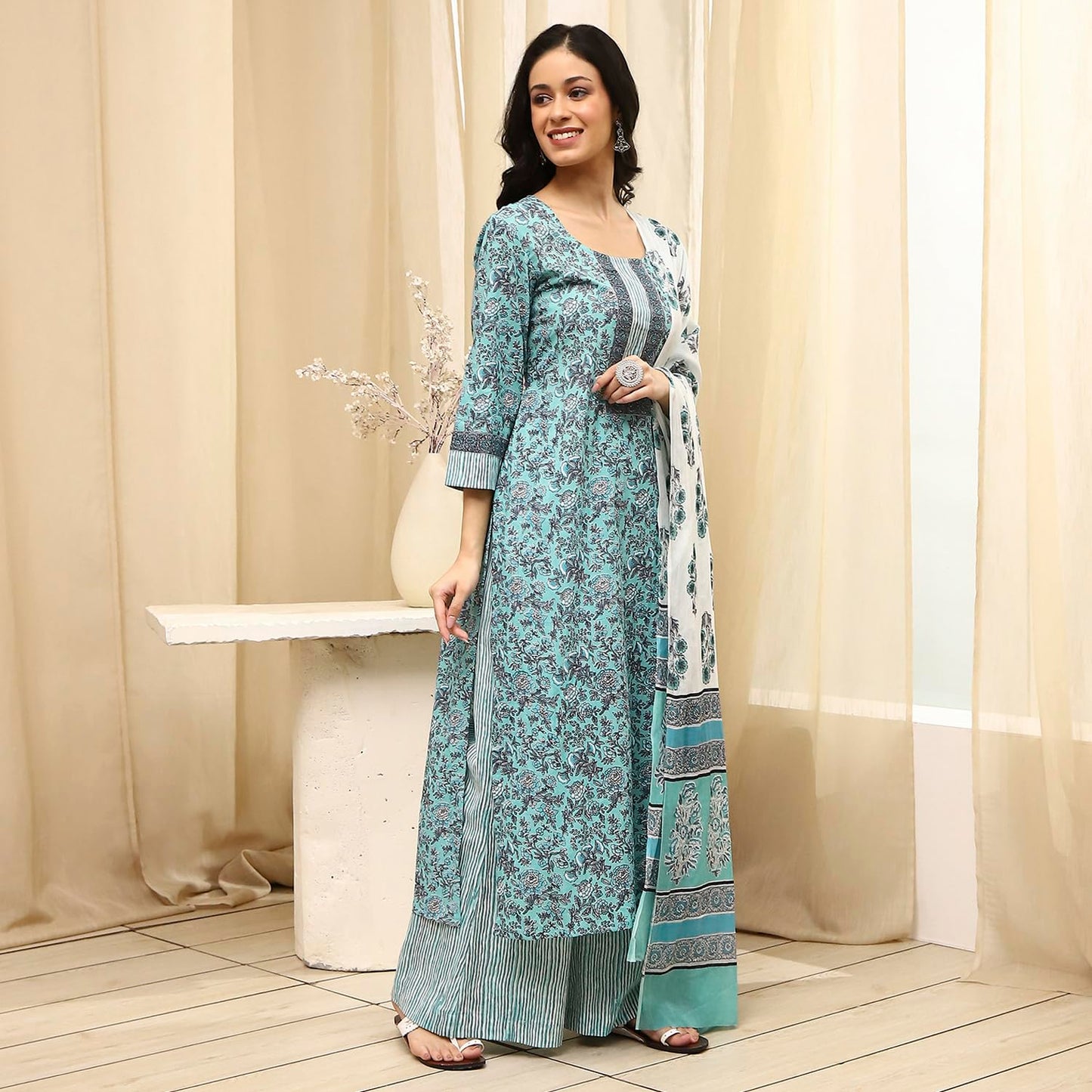 BIBA Women's Turquoise Cotton Hand Block Print Unstitched Suit Set