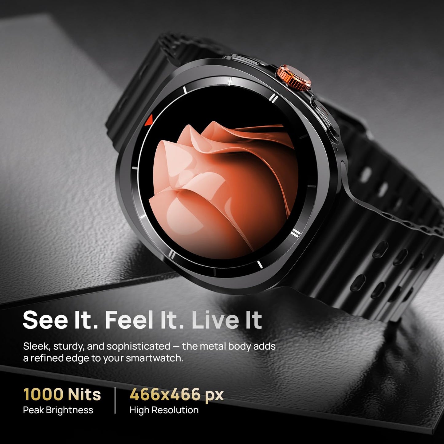 Fire-Boltt Axiom Smart Watch – 1.43" AMOLED Display, Health & Fitness Tracking, Always-On Screen, Wireless Charging, Rotating Crown, Bluetooth Calling, Metal Case Smart Watch for Man & Woman- Black