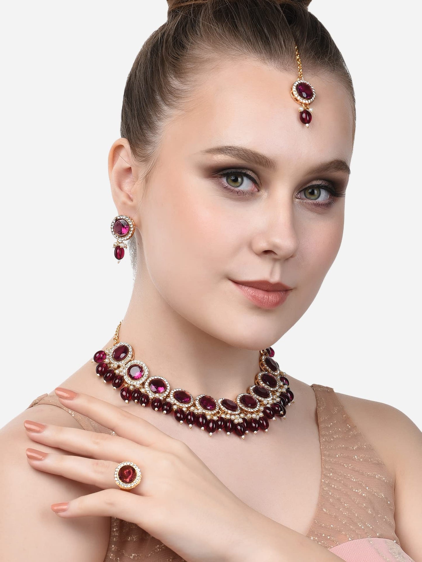 ZAVERI PEARLS Wine Color Stones & Cluster Beads Choker Necklace Earring Maangtikka & Ring Set For Women-ZPFK14598