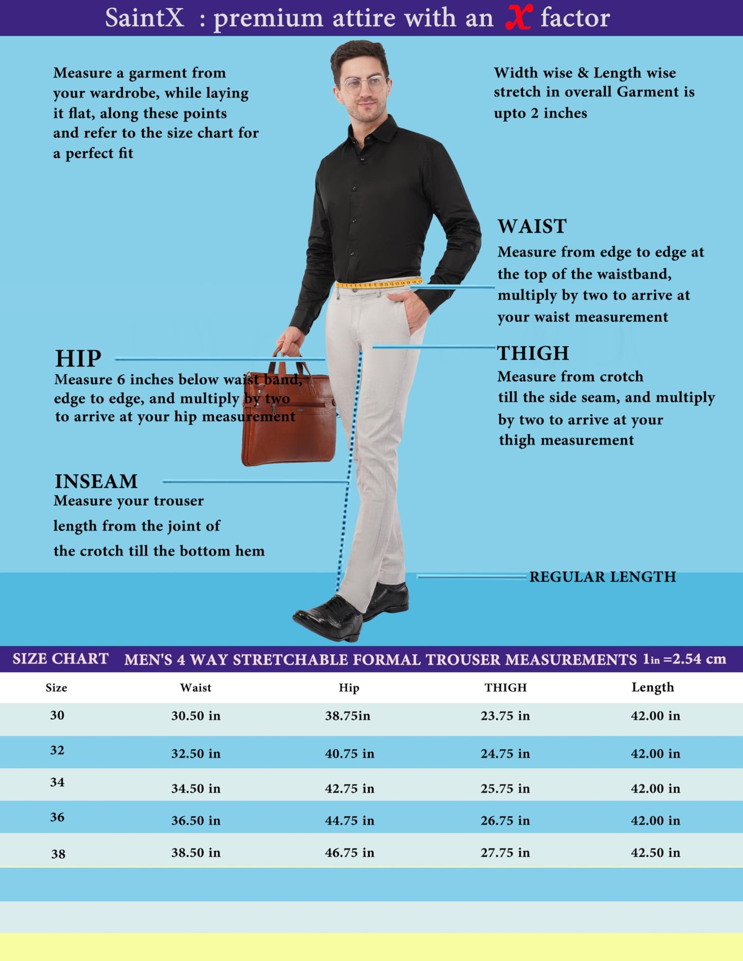 SaintX Men's Premium 4-Way Solid-Stretchable Formal Pants | Performance Grade Pro Weave Anti-Wrinkle Fabric | Slim Fit Trouser | Shirt Gripping Expandable Waist | Executive Office Wear (ST02_Navy_32)