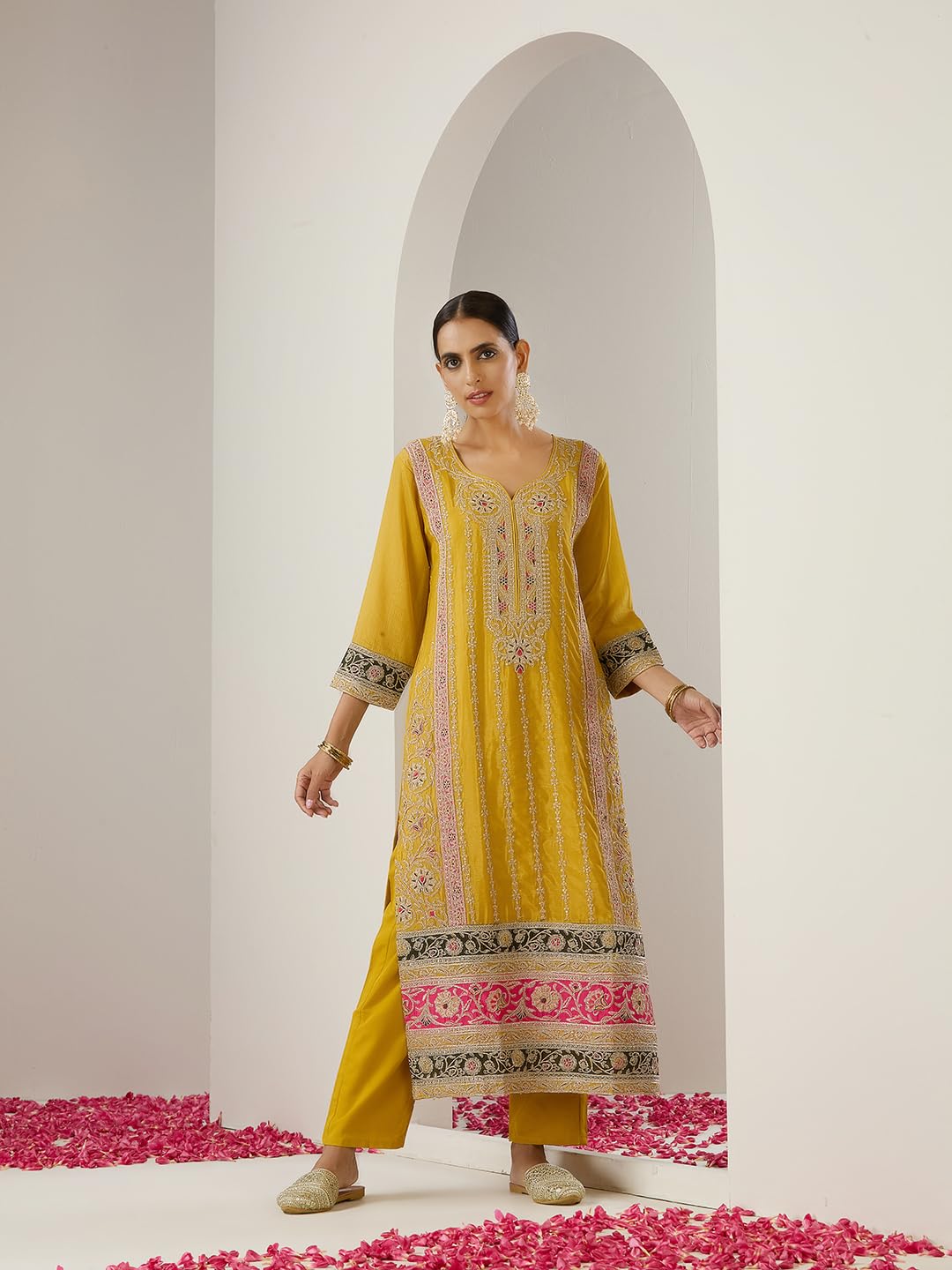 ishin Gold zari embroidered straight festive kurta with pants and dupatta