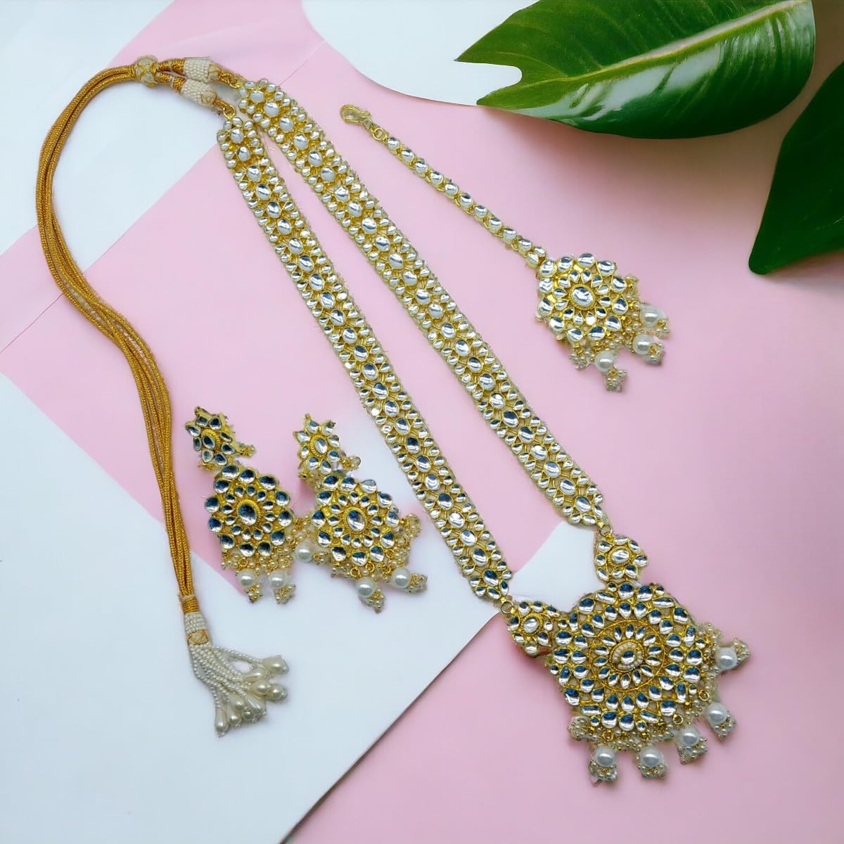ACCESSHER Traditional Gold Plated Premium Pachi Kundan and Pearls Embedded Statement Bridal long Necklace Set with Earring and maangtikka for Women and Girls Pack of 1